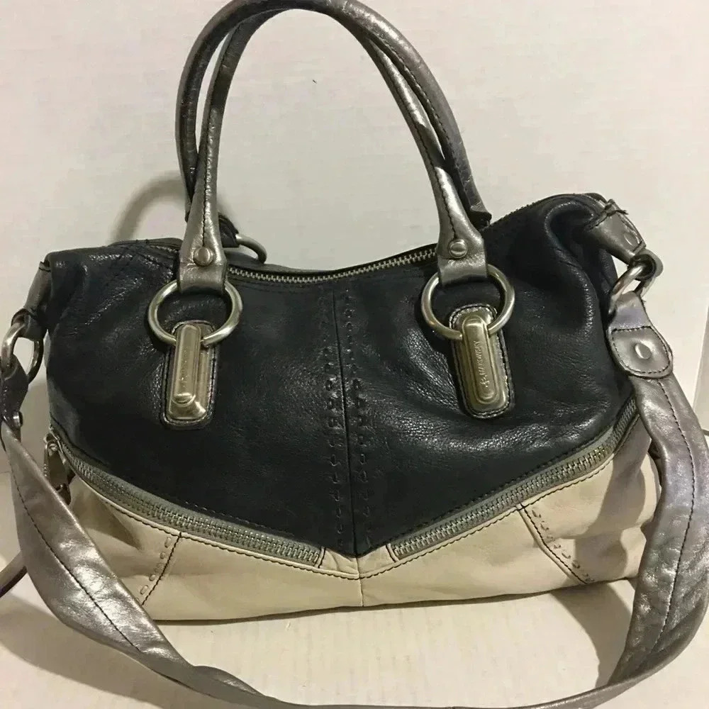 B. Makowsky Black beige silver leather satchel